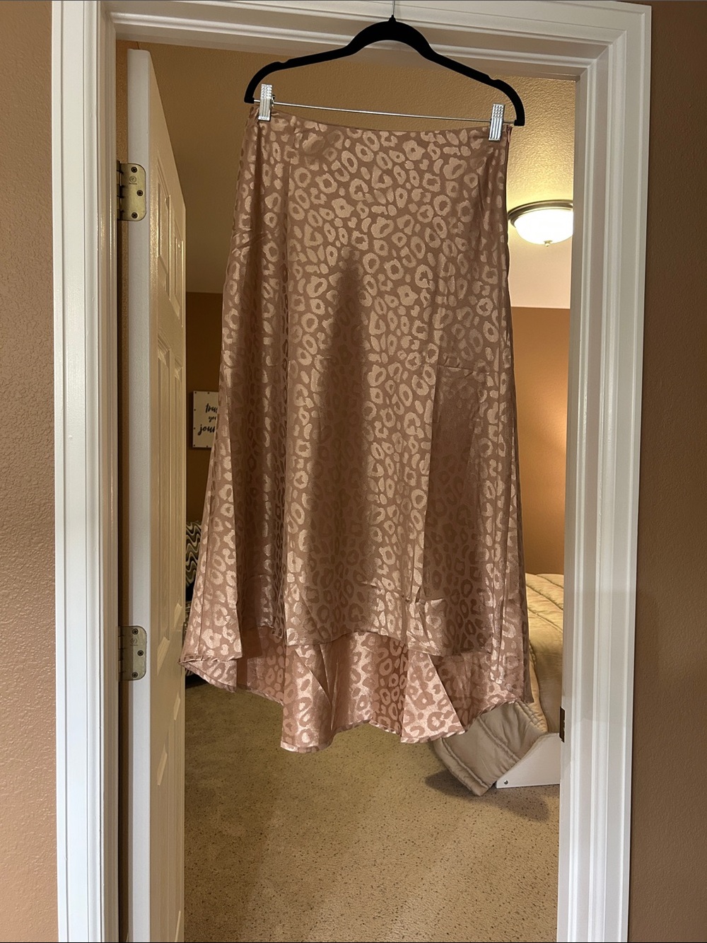High-Low Satin Leopard Midi Skirt in Nude Blush